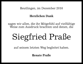 Anzeige von Siegfried Praße von Reutlinger Generalanzeiger