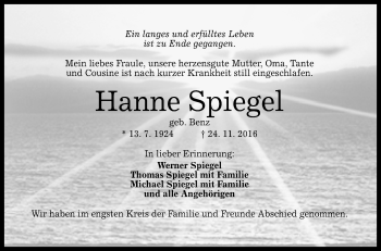 Anzeige von Hanne Spiegel von Reutlinger Generalanzeiger