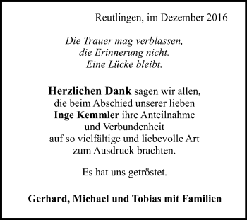Anzeige von Inge Kemmler von Reutlinger Generalanzeiger