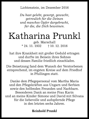 Anzeige von Katharina Prunkl von Reutlinger Generalanzeiger