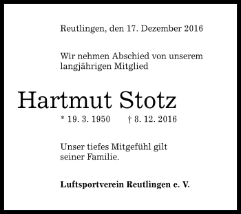 Anzeige von Hartmut Stotz von Reutlinger Generalanzeiger