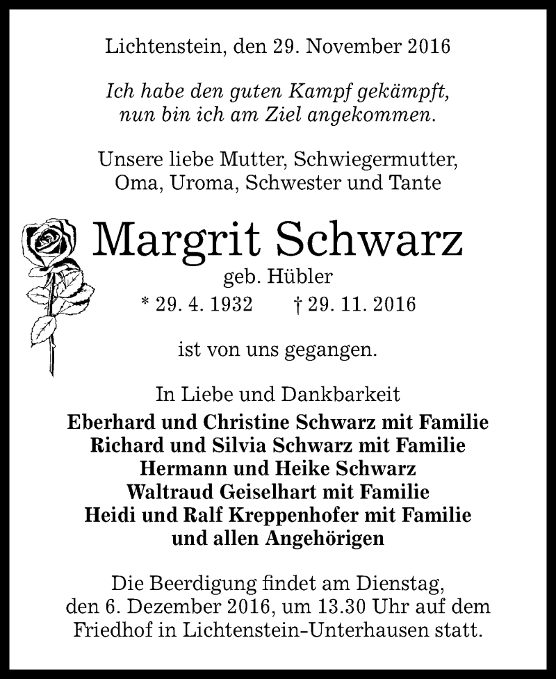  Traueranzeige für Margrit Schwarz vom 03.12.2016 aus Reutlinger Generalanzeiger