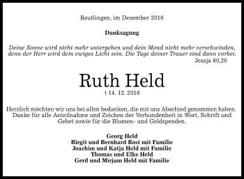 Anzeige von Ruth Held von Reutlinger Generalanzeiger
