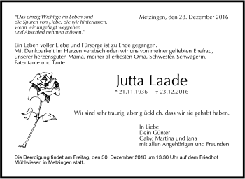 Anzeige von Jutta Laade von Reutlinger Generalanzeiger