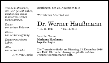 Anzeige von Werner Haußmann von Reutlinger Generalanzeiger