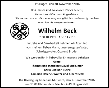 Anzeige von Wilhelm Beck von Reutlinger Generalanzeiger