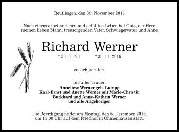 Anzeige von Richard Werner von Reutlinger Generalanzeiger