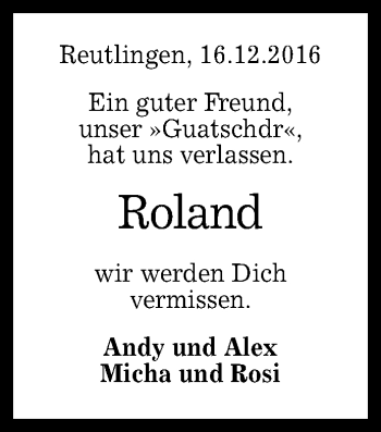 Anzeige von Roland Kapitel von Reutlinger Generalanzeiger