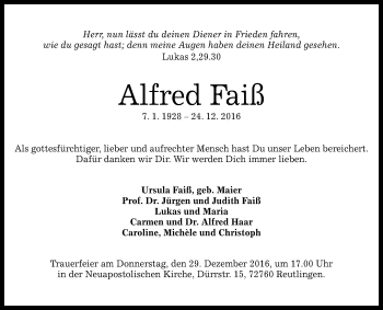 Anzeige von Alfred Faiß von Reutlinger Generalanzeiger