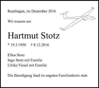 Anzeige von Hartmut Stotz von Reutlinger Generalanzeiger