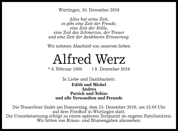 Anzeige von Alfred Werz von Reutlinger Generalanzeiger