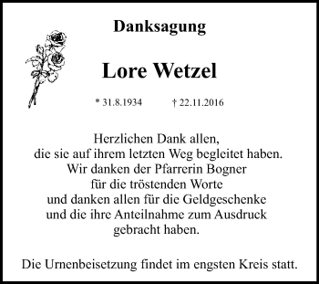 Anzeige von Lore Wetzel von Reutlinger Generalanzeiger