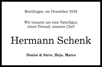 Anzeige von Hermann Schenk von Reutlinger Generalanzeiger