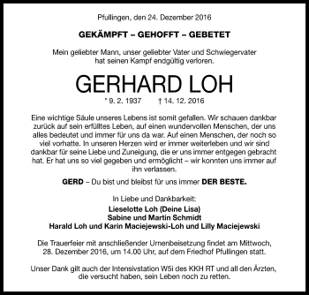 Anzeige von Gerhard Loh von Reutlinger Generalanzeiger