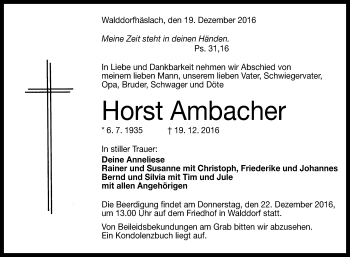 Anzeige von Horst Ambacher von Reutlinger Generalanzeiger