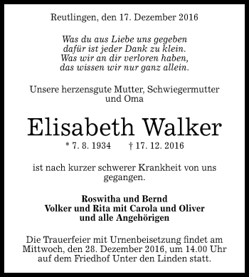 Anzeige von Elisabeth Walker von Reutlinger Generalanzeiger