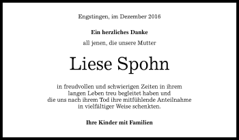 Anzeige von Liese Spohn von Reutlinger Generalanzeiger