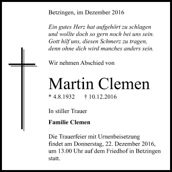 Anzeige von Martin Clemen von Reutlinger Generalanzeiger