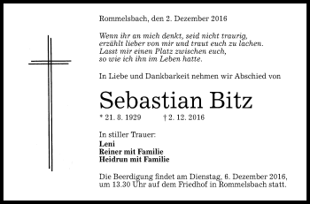 Anzeige von Sebastian Bitz von Reutlinger Generalanzeiger