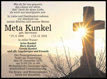 Anzeige von Meta Kunkel von Reutlinger Generalanzeiger