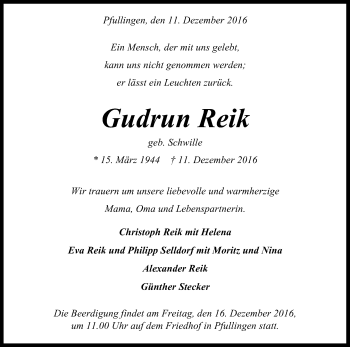 Anzeige von Gudrun Reik von Reutlinger Generalanzeiger