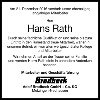 Anzeige von Hans Rath von Reutlinger Generalanzeiger