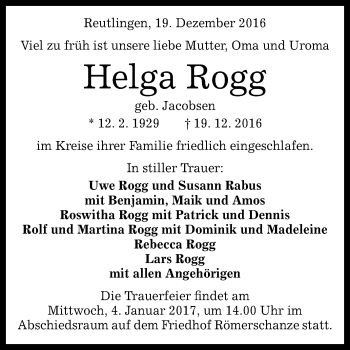 Anzeige von Helga Rogg von Reutlinger Generalanzeiger