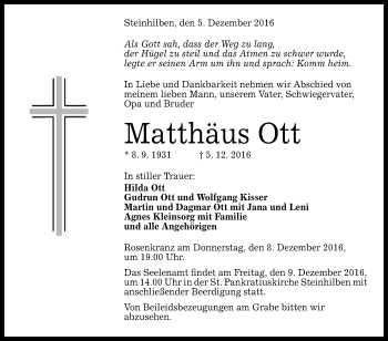 Anzeige von Matthäus Ott von Reutlinger Generalanzeiger