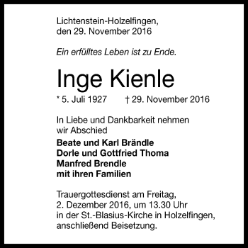 Anzeige von Inge Kienle von Reutlinger Generalanzeiger