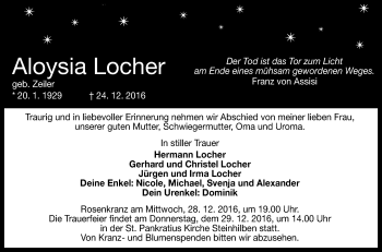 Anzeige von Aloysia Locher von Reutlinger Generalanzeiger