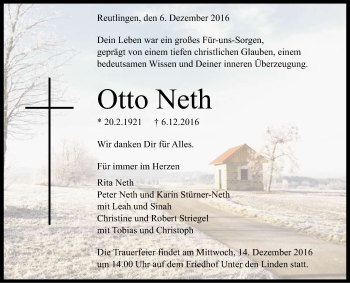 Anzeige von Otto Neth von Reutlinger Generalanzeiger