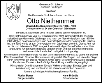 Anzeige von Otto Niethammer von Reutlinger Generalanzeiger