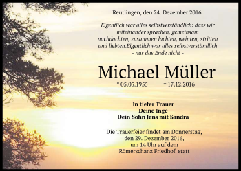Anzeige von Michael Müller von Reutlinger Generalanzeiger