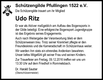 Anzeige von Udo Ritz von Reutlinger Generalanzeiger