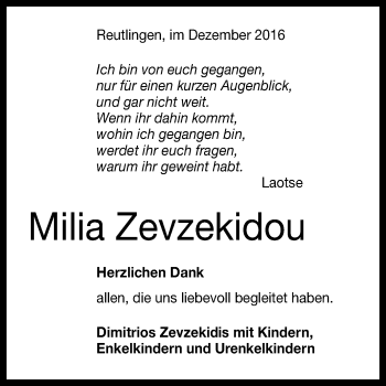 Anzeige von Milia Zevzekidou von Reutlinger Generalanzeiger