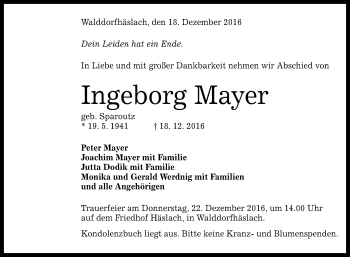 Anzeige von Ingeborg Mayer von Reutlinger Generalanzeiger