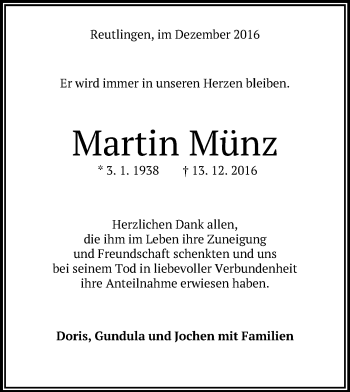 Anzeige von Martin Münz von Reutlinger Generalanzeiger