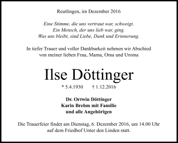 Anzeige von Ilse Döttinger von Reutlinger Generalanzeiger