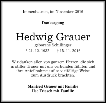 Anzeige von Hedwig Grauer von Reutlinger Generalanzeiger