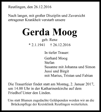 Anzeige von Gerda Moog von Reutlinger Generalanzeiger