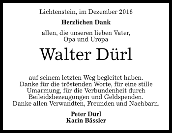 Anzeige von Walter Dürl von Reutlinger Generalanzeiger