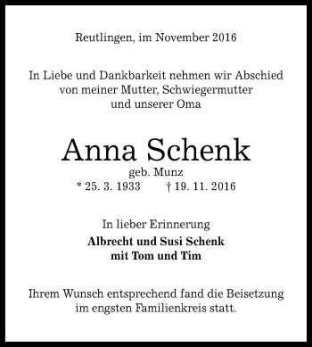 Anzeige von Anna Schenk von Reutlinger Generalanzeiger