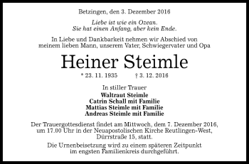 Anzeige von Heiner Steimle von Reutlinger Generalanzeiger