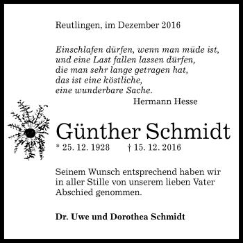 Anzeige von Günther Schmidt von Reutlinger Generalanzeiger