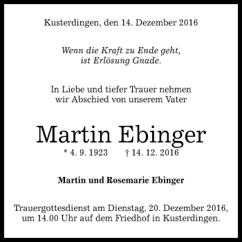 Anzeige von Martin Ebinger von Reutlinger Generalanzeiger