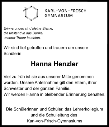 Anzeige von Hanna Henzler von Reutlinger Generalanzeiger