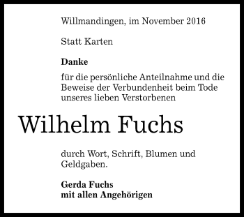 Anzeige von Wilhelm Fuchs von Reutlinger Generalanzeiger