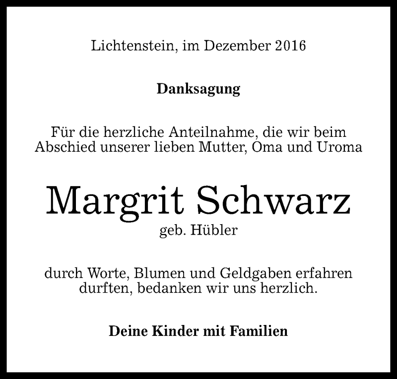  Traueranzeige für Margrit Schwarz vom 20.12.2016 aus Reutlinger Generalanzeiger