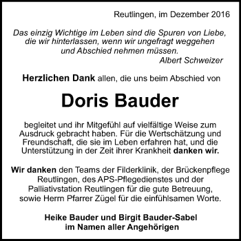 Anzeige von Doris Bauder von Reutlinger Generalanzeiger