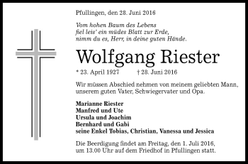 Anzeige von Wolfgang Riester von Reutlinger Generalanzeiger